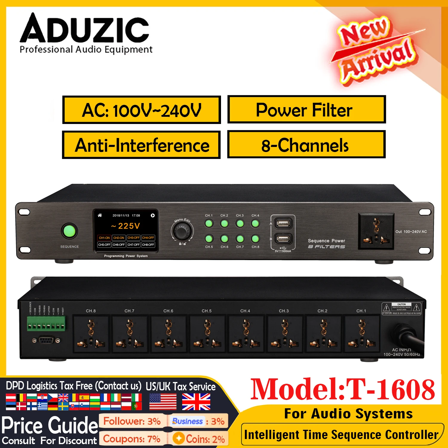 Auduzic T-1608 Power Sequencer Controller 8-Kanal 100V-240V Spannungsanzeige mit Filterschutz-für Hochleistungsgeräte