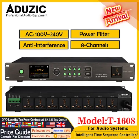 Auduzic T-1608 Power Sequencer Controller 8-Kanal 100V-240V Spannungsanzeige mit Filterschutz-für Hochleistungsgeräte