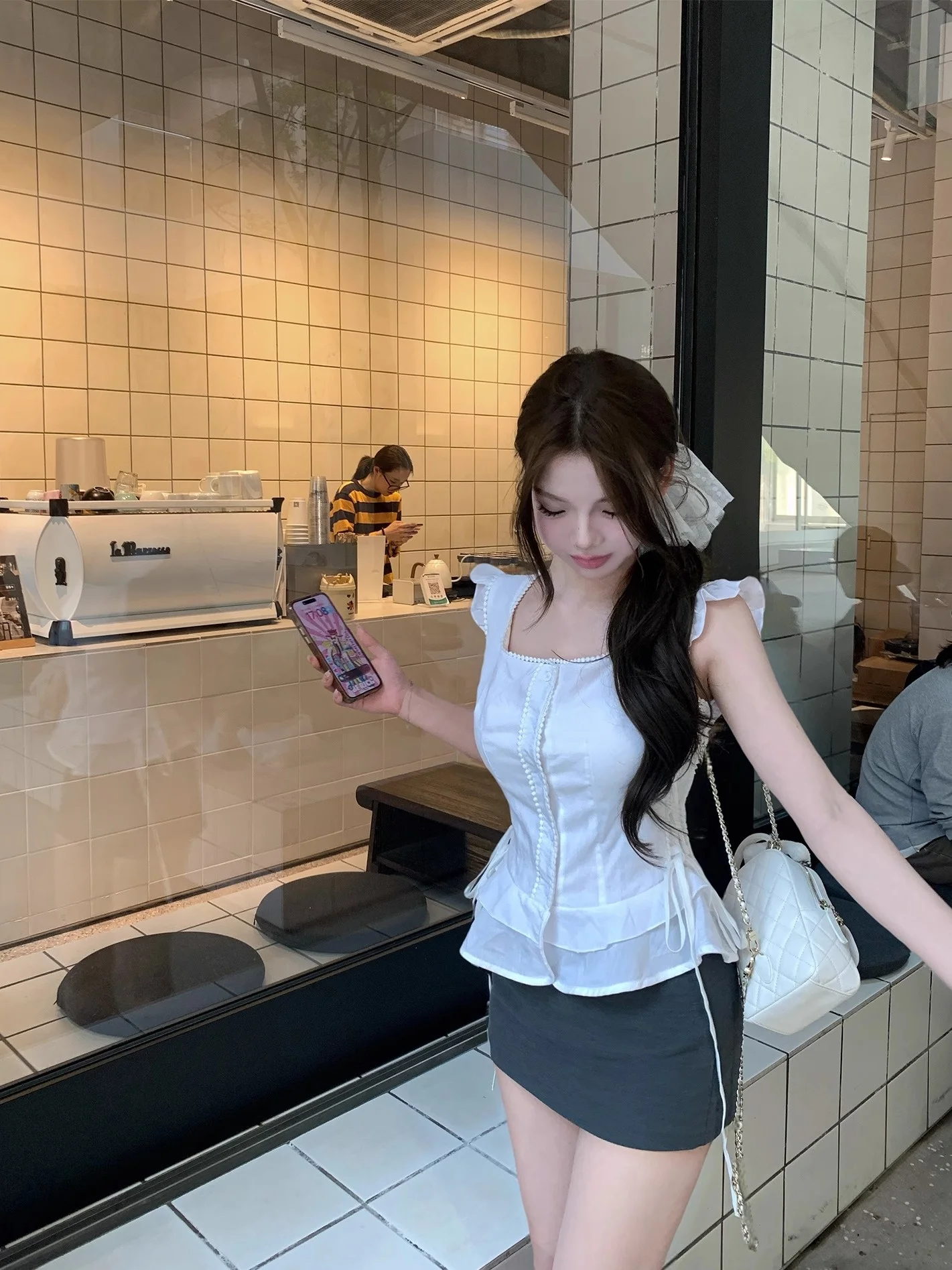 

EU Lace Trim Belted Svel irt Women Pure Desire Polka Dot Top Commute Sle Slim Fit Polyester Fiber Square Collar