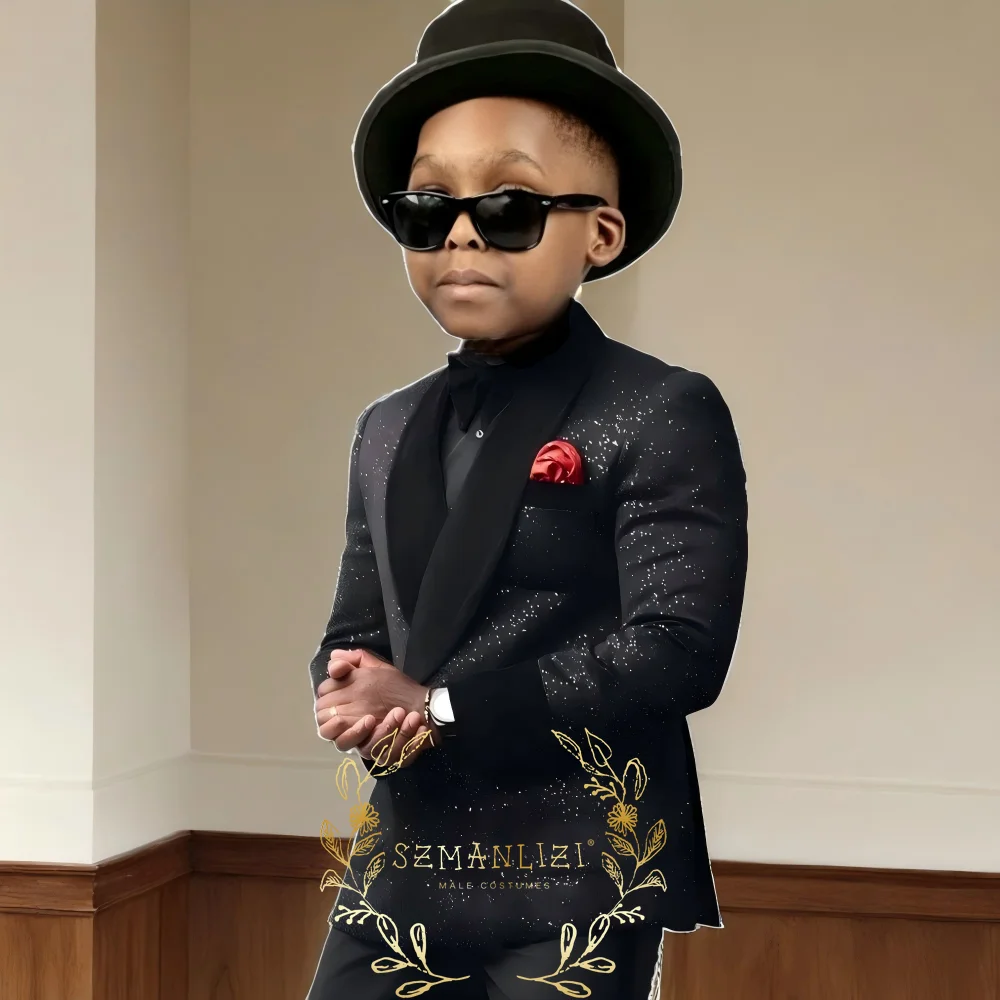 Shiny Black Boys Suit Double Breasted Jacket Pants 2 Piece Set Business Style Formal Wedding Tuxedo Custom Size Blazer Kids
