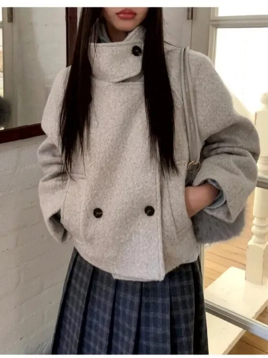 Gray Short Thickened Woolen Coat Women's Autumn Winter New Style College Style Stand Collar Korean Style Sweater Outerwear