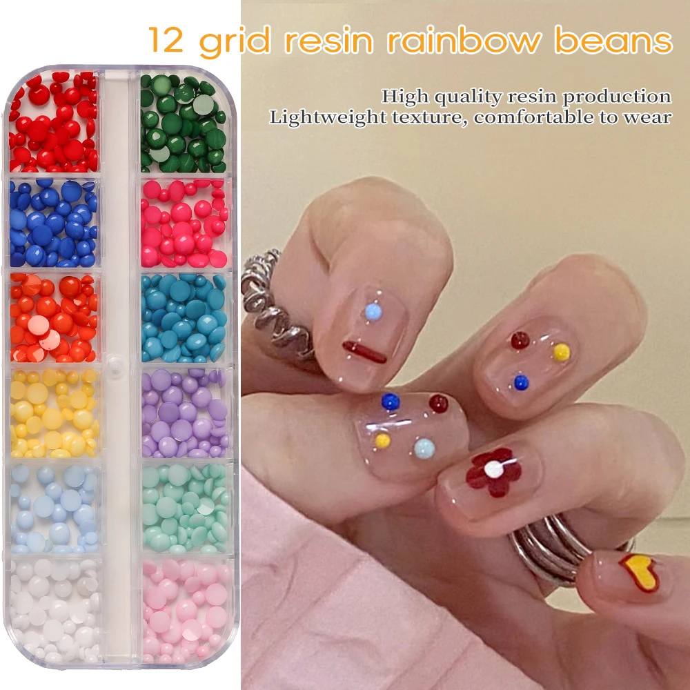12er-Set bunte, niedliche Dopamin-Bonbon-Perlen für Nagelkunst, flache Herz-Harzperlen mit Polka-Dot-Muster, Nagelzubehör
