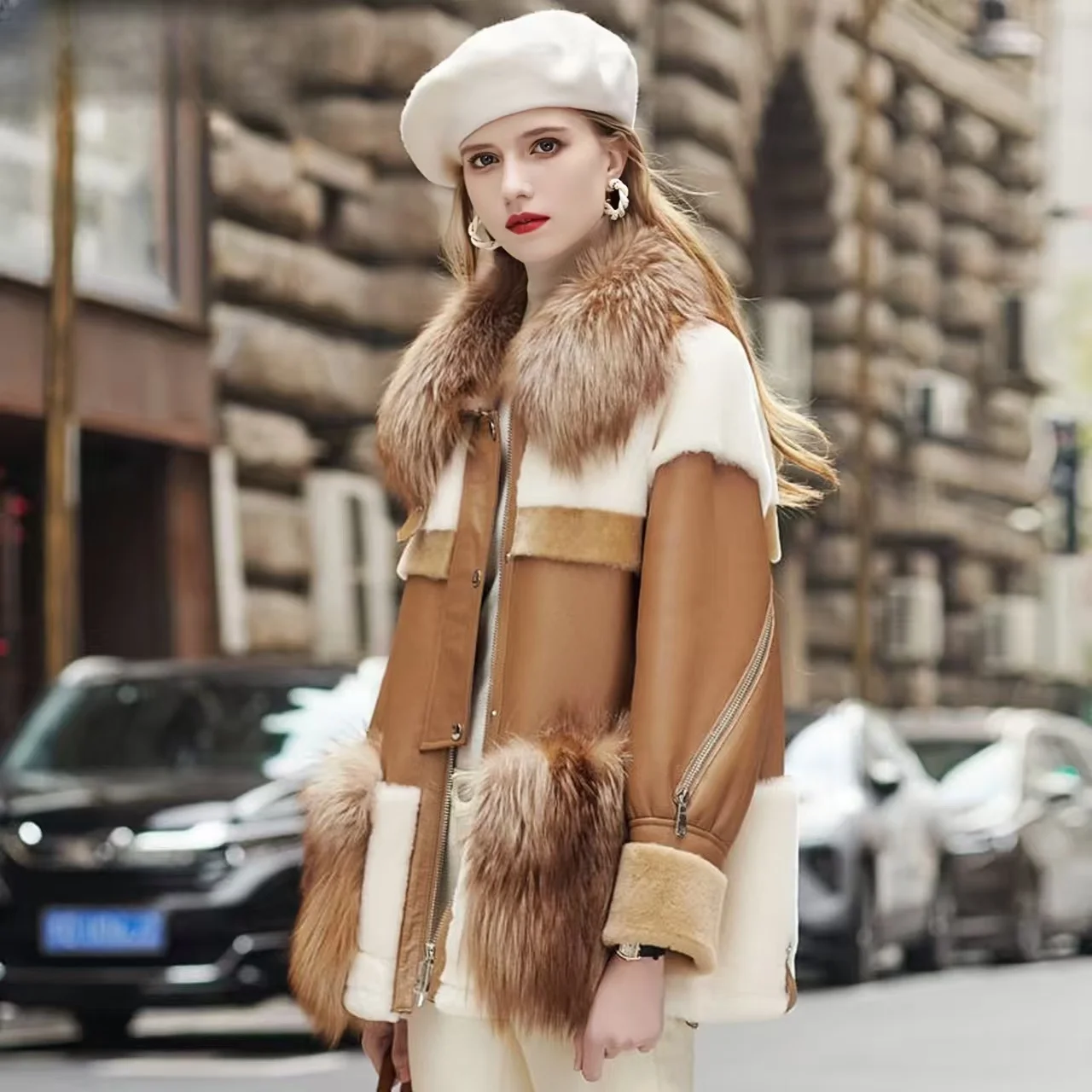 Faux Leather Coats for Women,Faux Fox Fur Collar Jackets,French style Overcoat,Female Clothes,Thicken Warm,Spliced,New ,Winter