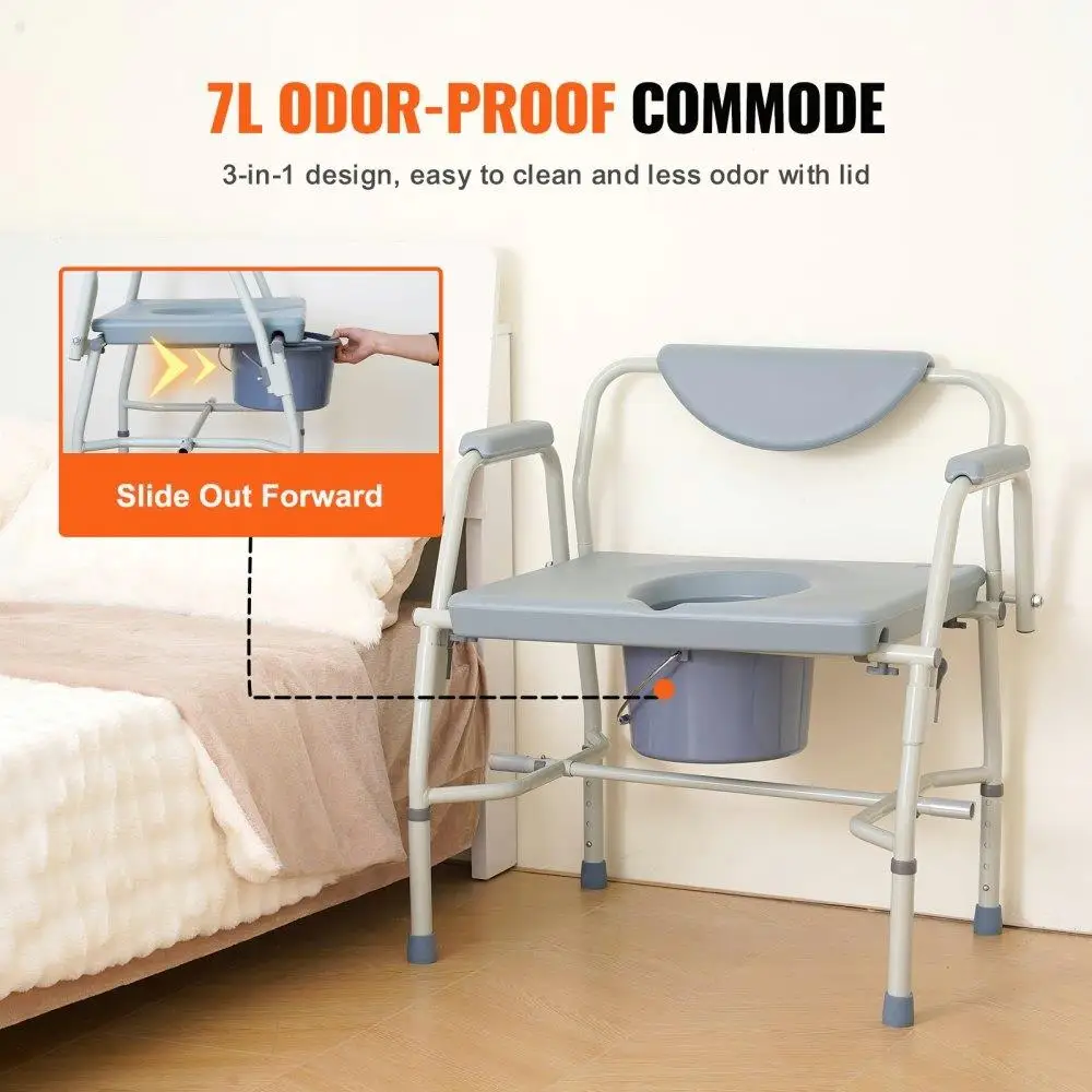 Portable Commode Chair with Drop-Down Arms and Detachable Backrest 5-Level Adjustable Height 7L Removable Bucket Easy Assembly