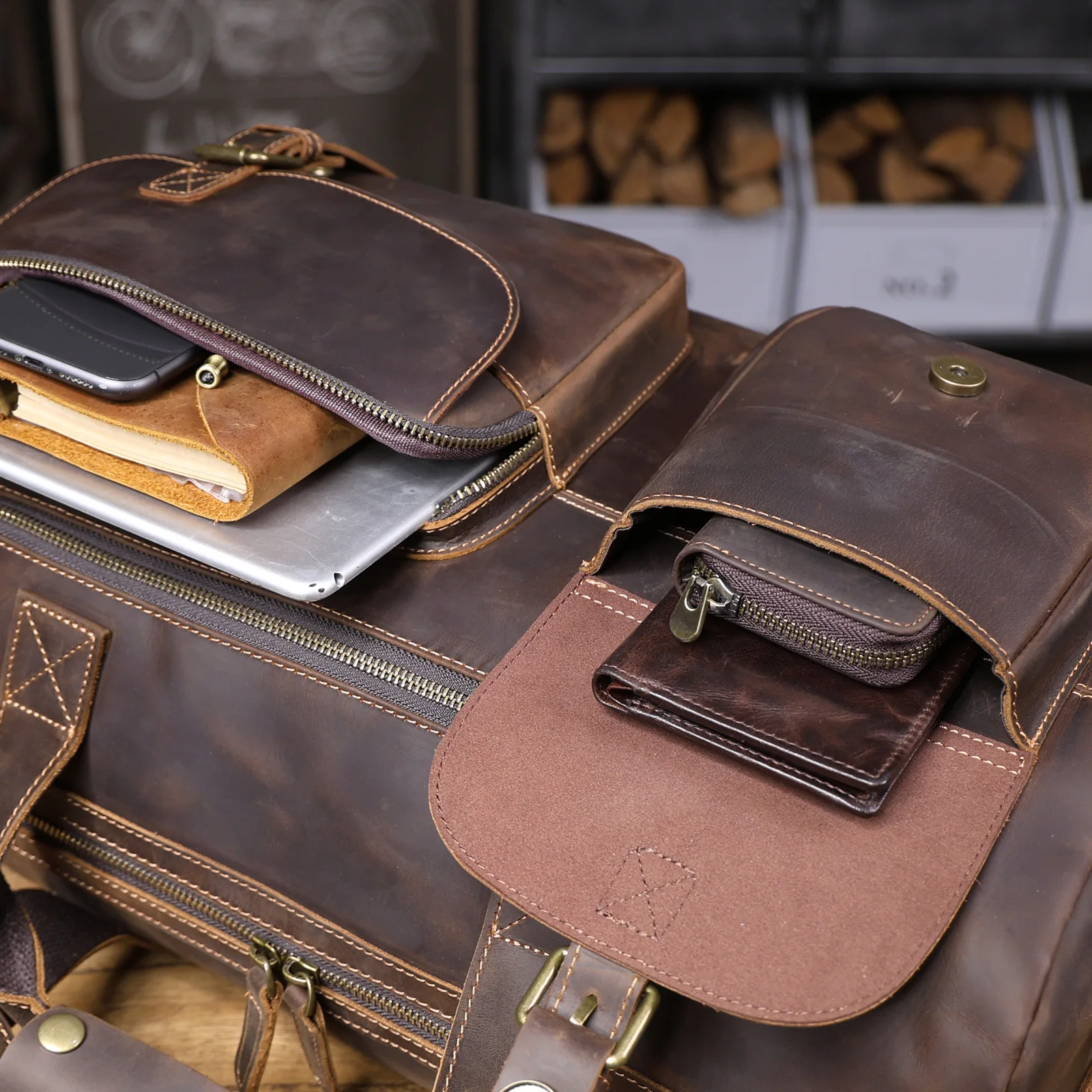 S.WORKER Vintage Vollnarbiges Rindsleder Reisetasche Große Kapazität Handgepäck Echtleder Weekender-Tasche – Detail 19