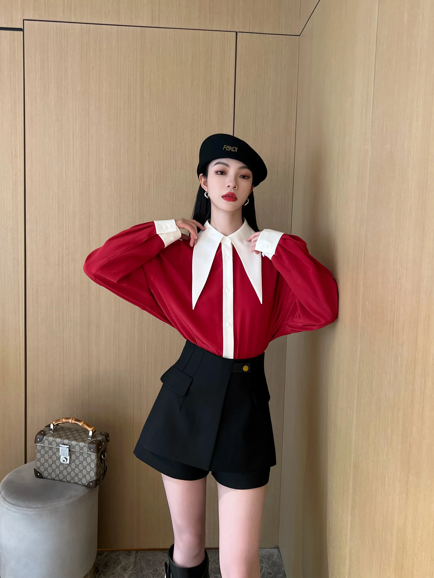 

NancyCavally Silk irt Large Pointed Collar Thin Yet Non-Lightweight Color Blo Street Sle Women's Loose Fit Long Sve