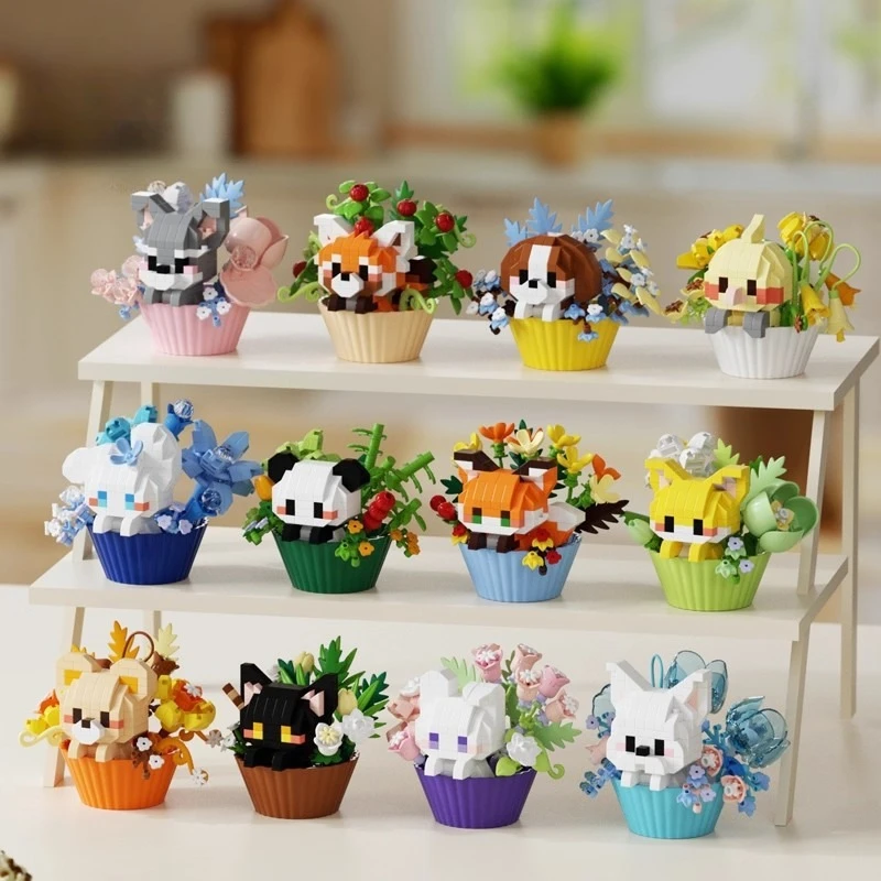 2025 Hot Sale Creative Dessert Small Animal Potted Bouquet Cartoon Doll Panda Building Block Decoration Gift