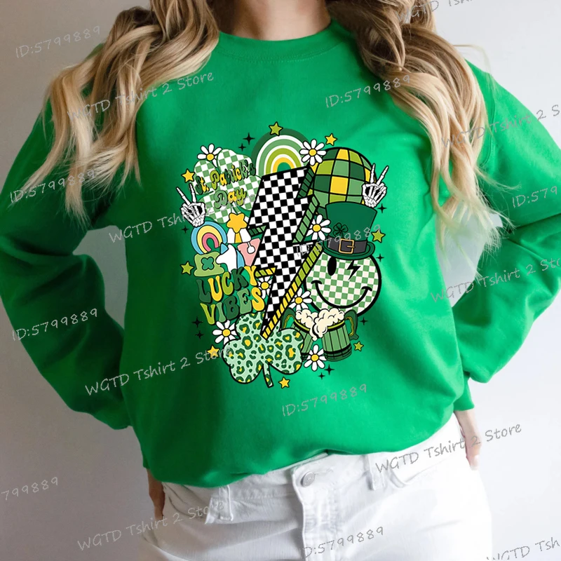 Retro Shamrock St Patrick's Day Graphic Print Sweatshirts Women Irish Celebration Outfit in Style St. Patrick's Day Slim Sweater