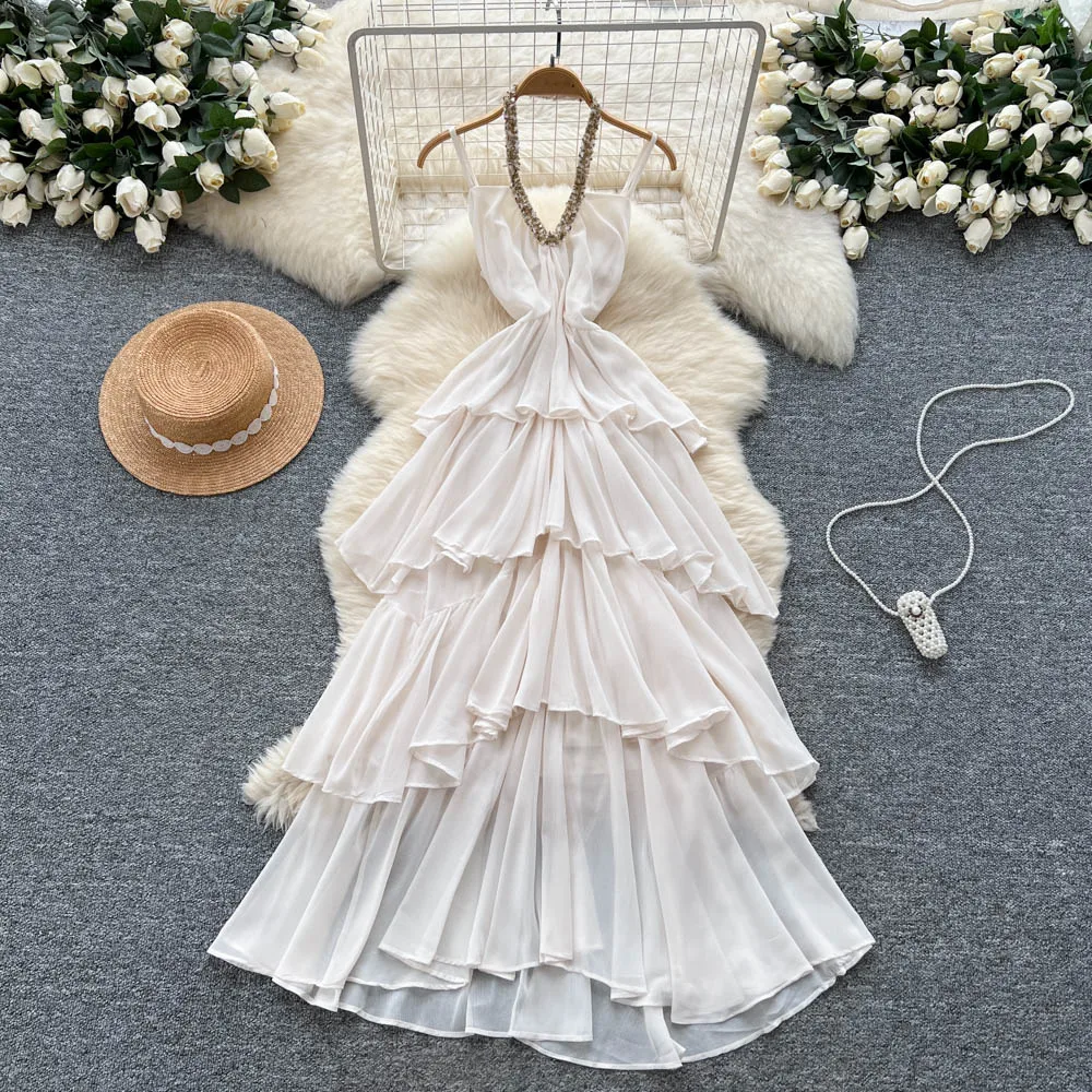 Chique vintage sem mangas em camadas sólido fino elegante fada coreano moda boho vestido de verão roupas femininas