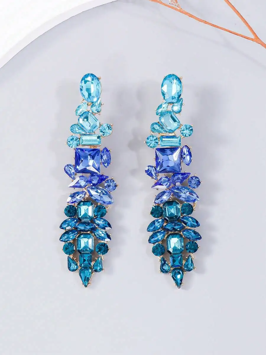 Juran 1 par de pendientes colgantes de lujo con diamantes de imitación de cristal exagerados de color degradado, adecuados para fiestas, bodas y días festivos
