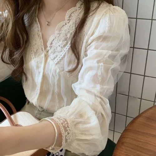 Camisa de encaje de manga larga con cuello en V coreano, diseño elegante, estilo perezoso de moda, Tops que combinan con todo, blusa informal de primavera y otoño