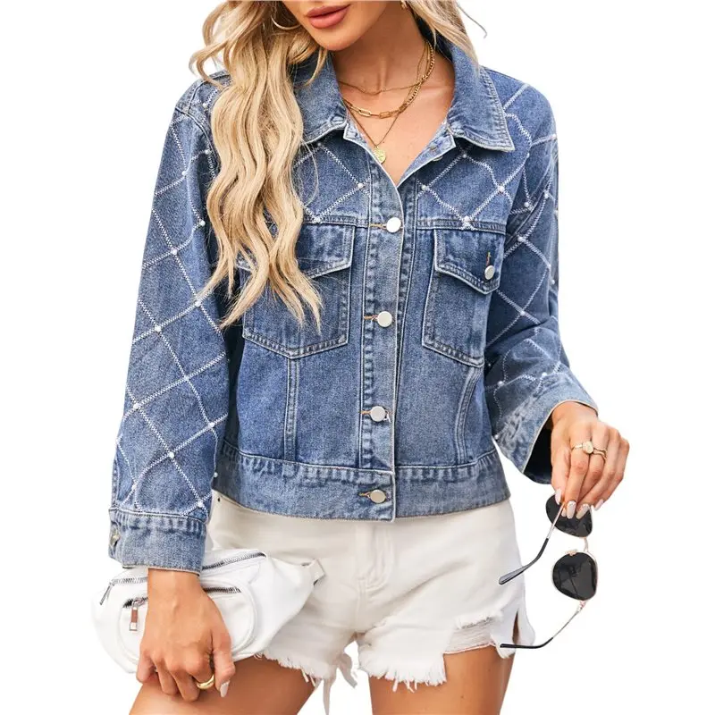 IALJ-Mulher Y2k Pérola Denim Jacket Bordado Cortado Na Moda Mangas Compridas Botão Up Casaco de Camioniro Lapela