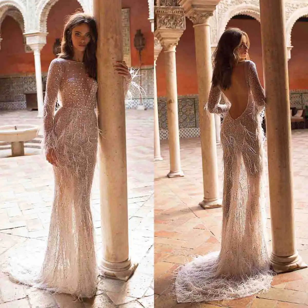 

Sexy Mermaid Wedding Dress Feather Beaded Sequins O Neck Long Sleeve Bride Gownss Sheer Backless Sweep Train Bridal Dresses