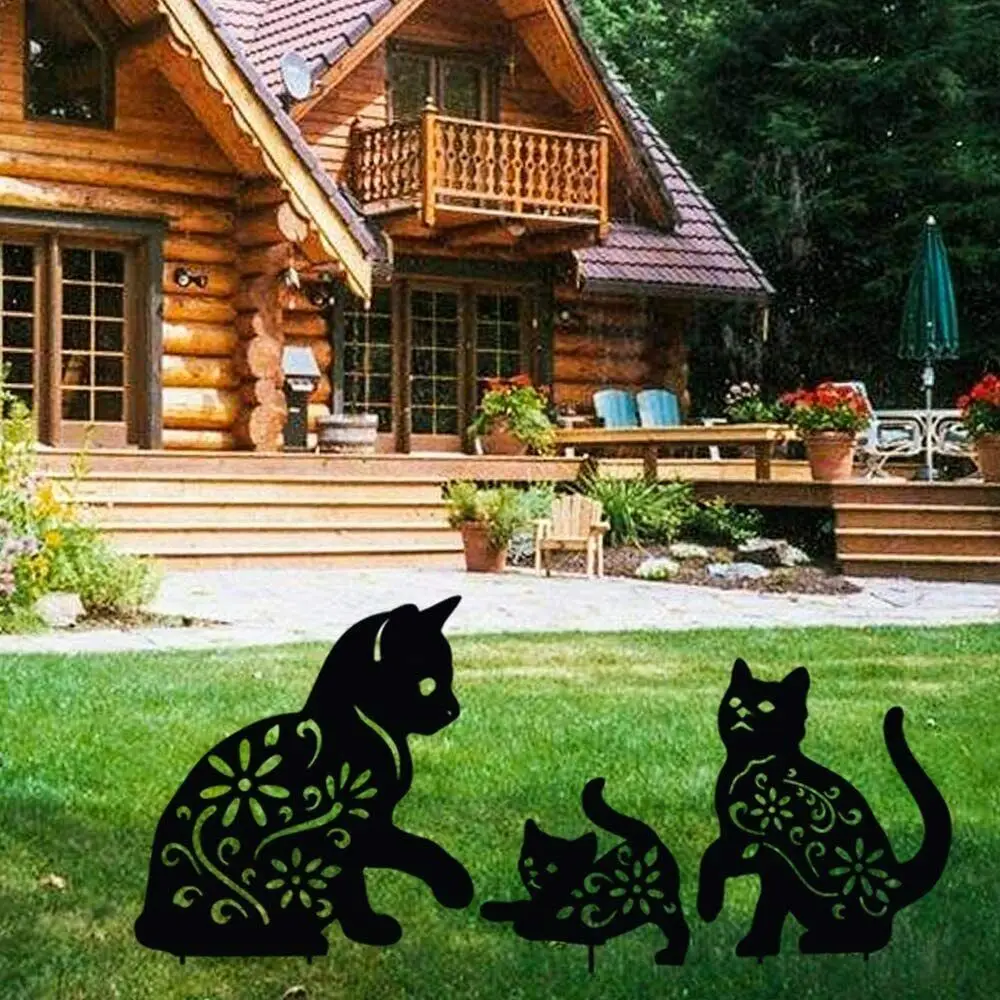 Set of 3 Metal Cat Decorative Garden Stakes Black Cat Silhouette Stake for Yard for Living Room/Home Decoration