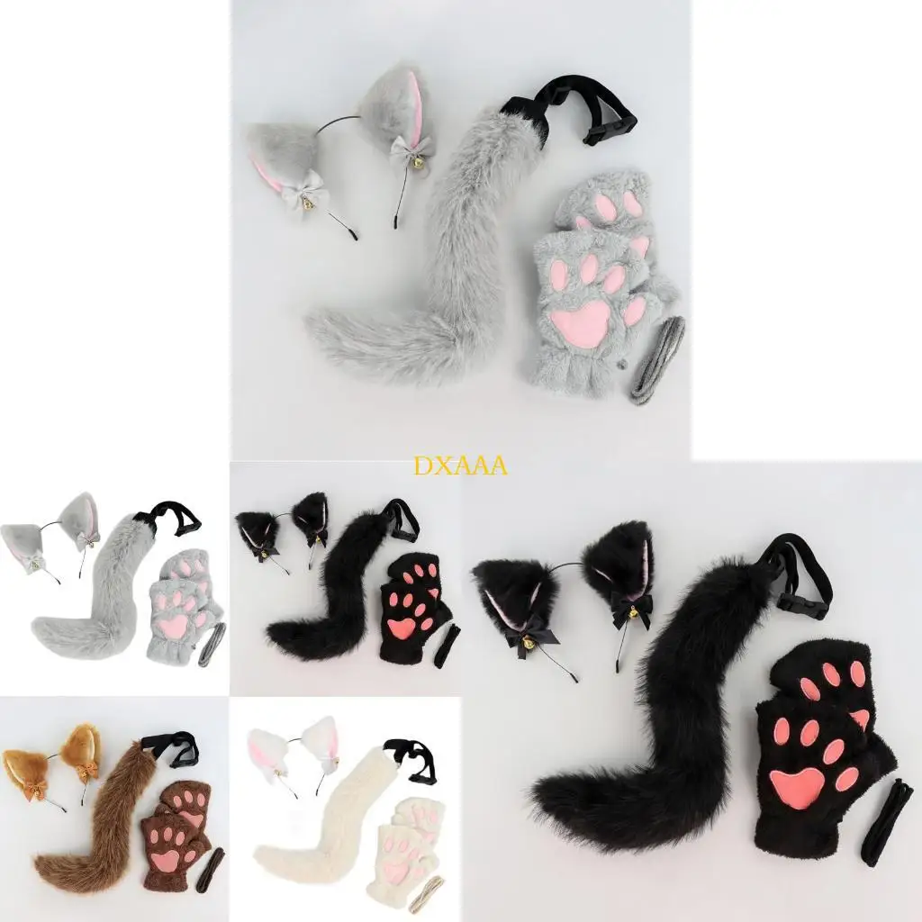 DXAA 3Pcs Halloween Cats Costume Accessories Including Headband, Tail, and Gloves