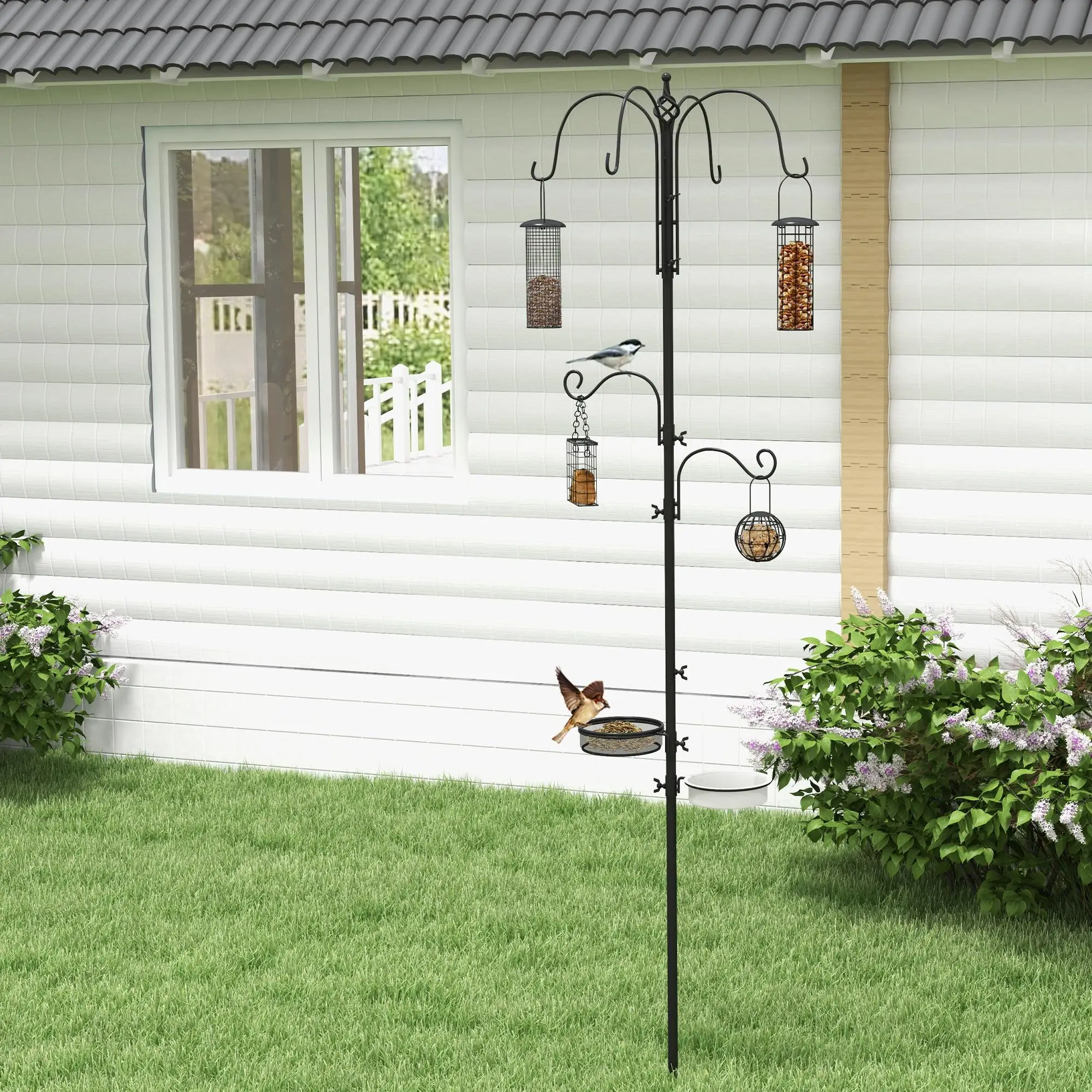 Comedero para pájaros Black Bird con 6 ganchos, 4 recipientes para semillas/frutos secos/bolas de grasa, Jardín y Patio