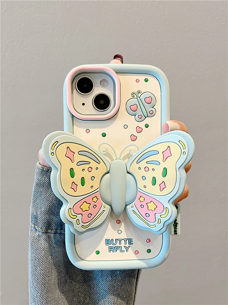 Ins Fashion Lovely Purple Butterfly Holder Stand Case For iPhone 17 15 14 13 16 Pro Max Soft Silicone Phone Cover