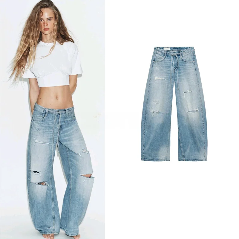 

Spring New Women's Loose Fit Jeans Metal Button Decorative Hole mid Waist Casual Style Polyester Fiber Ladies Fashion