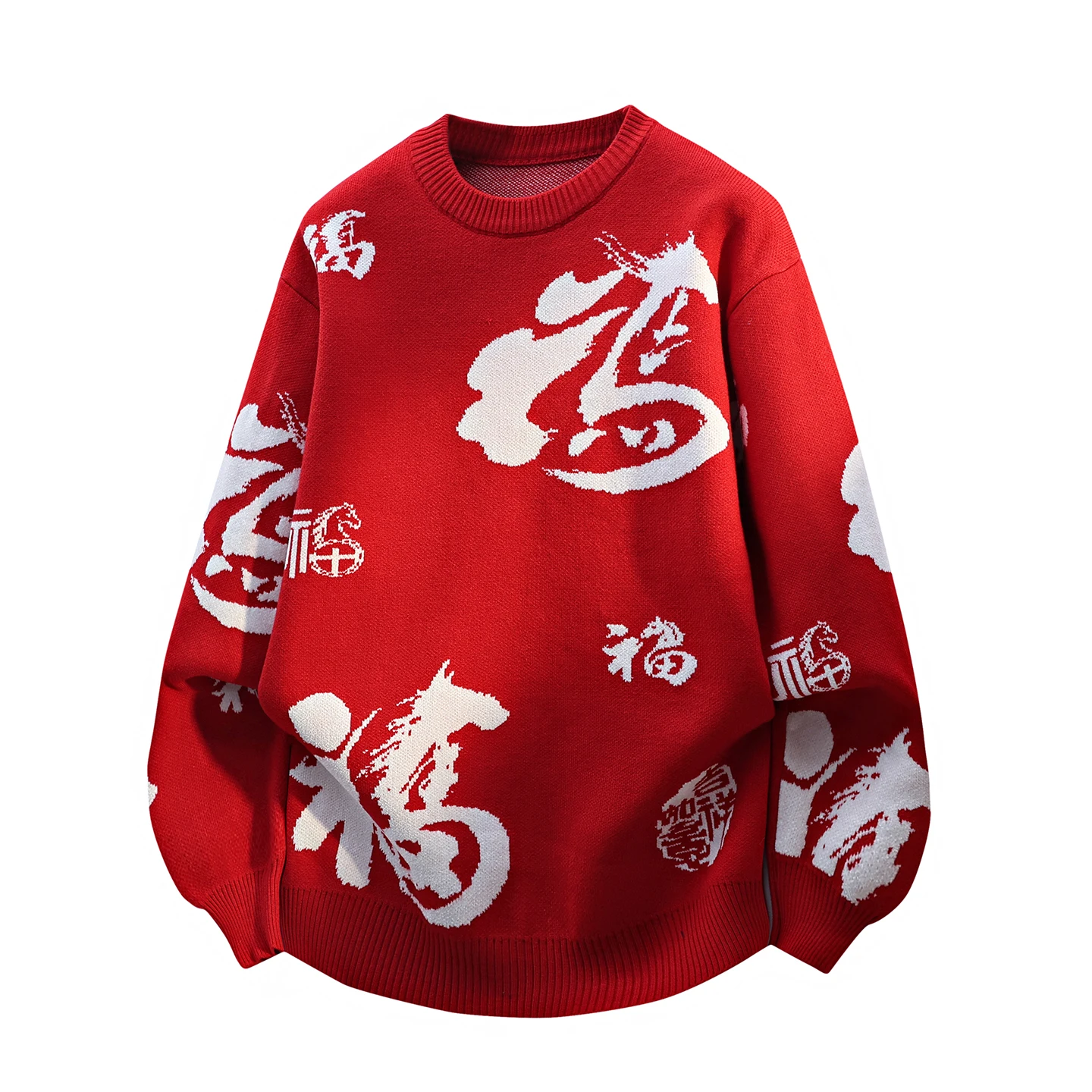 

Красный вязаный свитер с символикой китайского зодиака, мужской, свободного кроя, повседневный, зимний, новинка, удобный, из смесового полиэстера