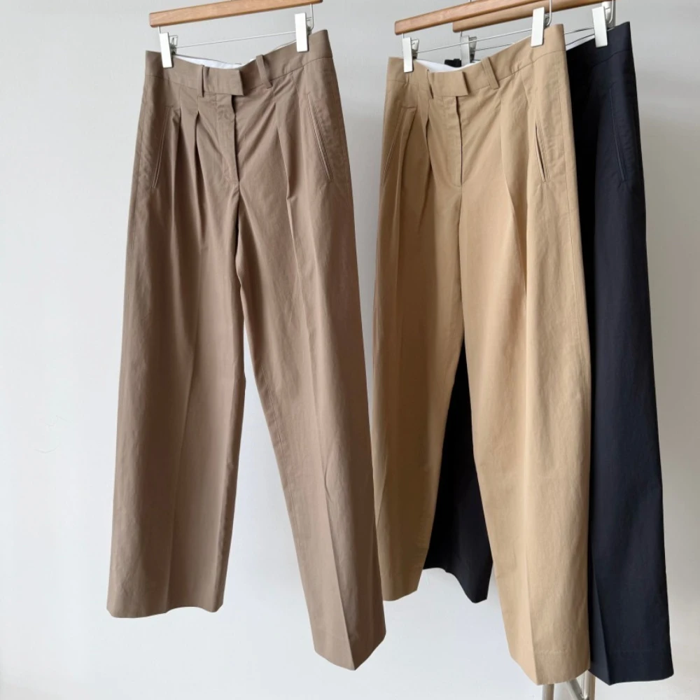 Pima Cotton Cashmere Minimalist Double-pleated Suit Straight-leg Casual Trousers Women Pants