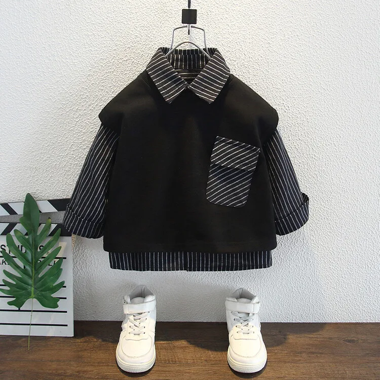 

Boys Striped Shirt and Vest Two-piece Set for Children Handsome and Versatile Casual Suit for Small and Small Children