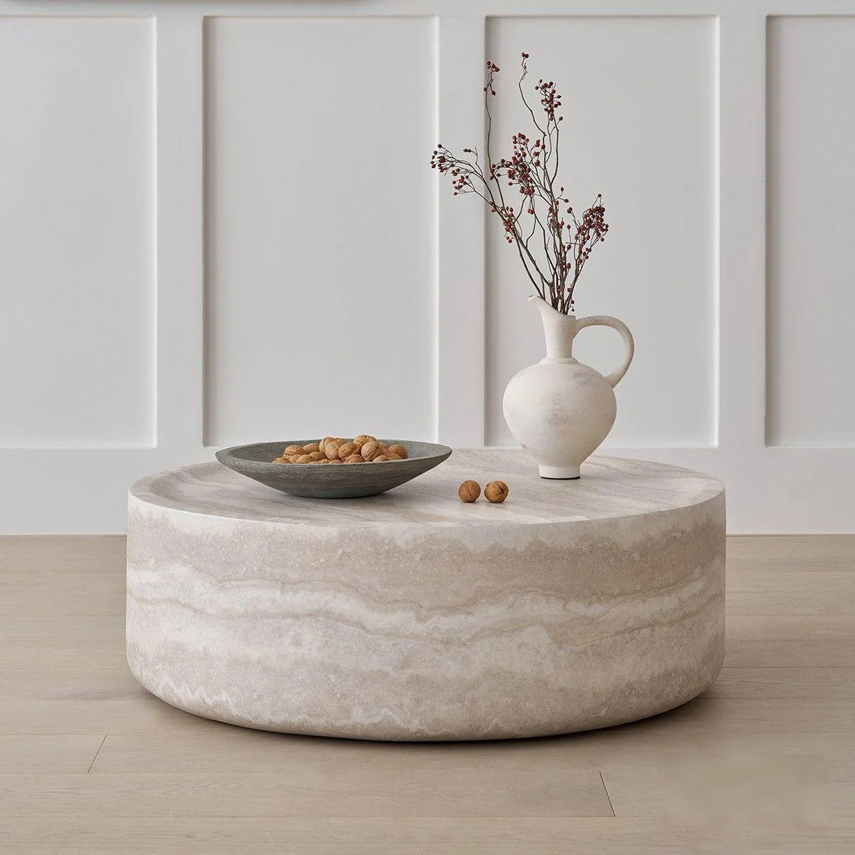 #Modern Beige Travertine Round Drum Coffee Table Minimalist Low Stone Center Table Living Room Home Apartment Luxury Furniture