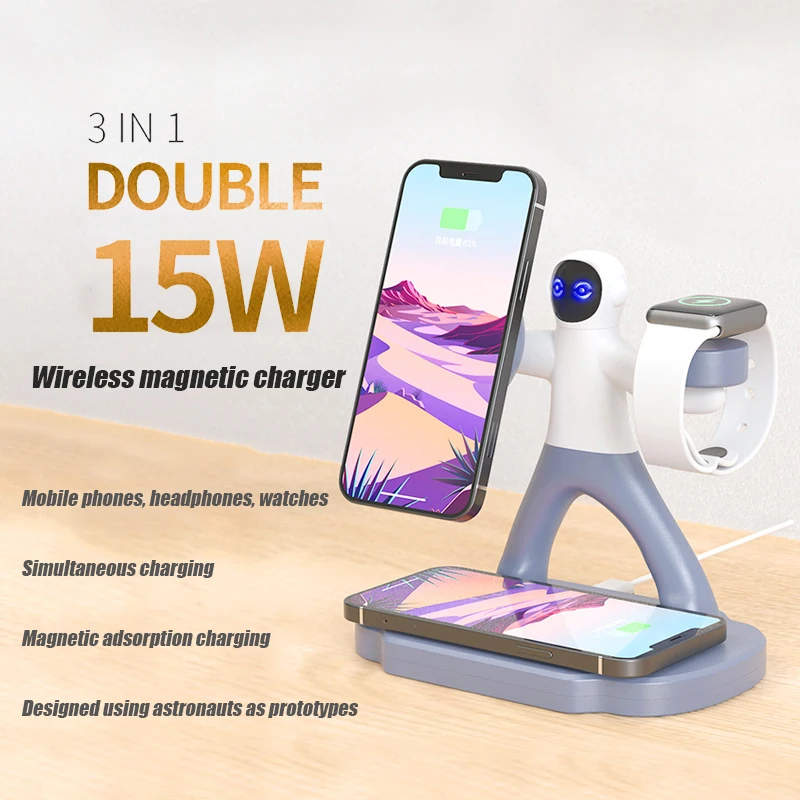 

Astronaut 3 in 1 Magnetic Wireless Charger for iPhone 12/13/14 15W Macsafe Wireless Charging for Airpods/Apple Watch