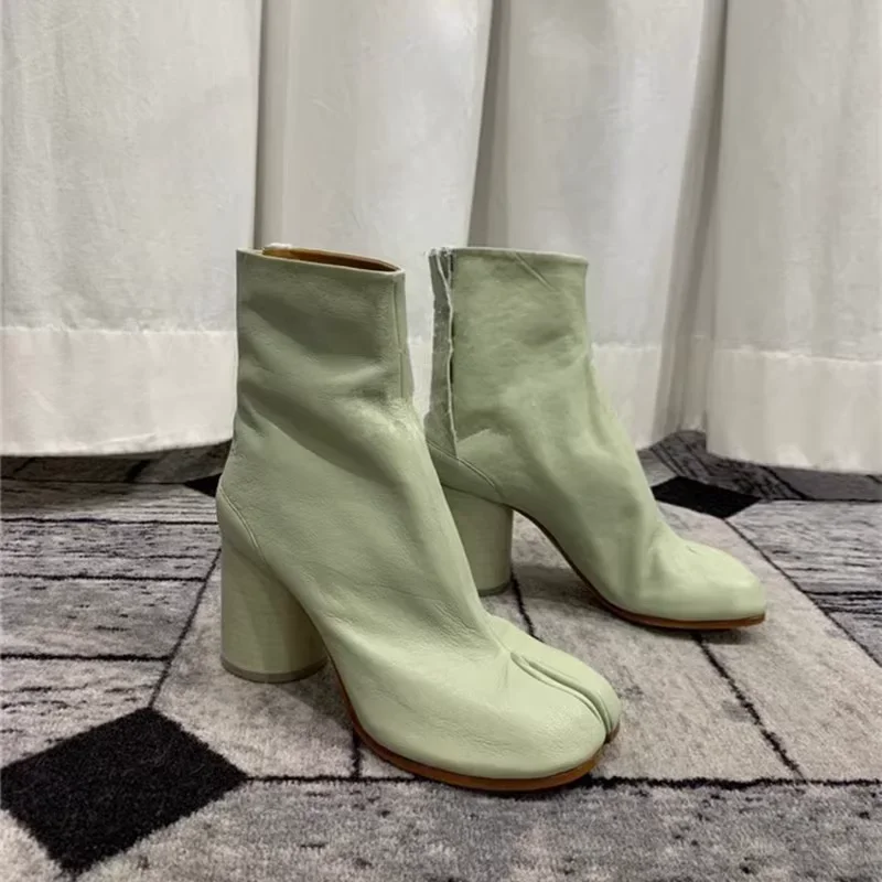 

Genuine Leather Split Toe High Heel Ankle Boots For Women Brand Design Fashion Side Buckle Short Boots 2024 Ninja Boots Shoes