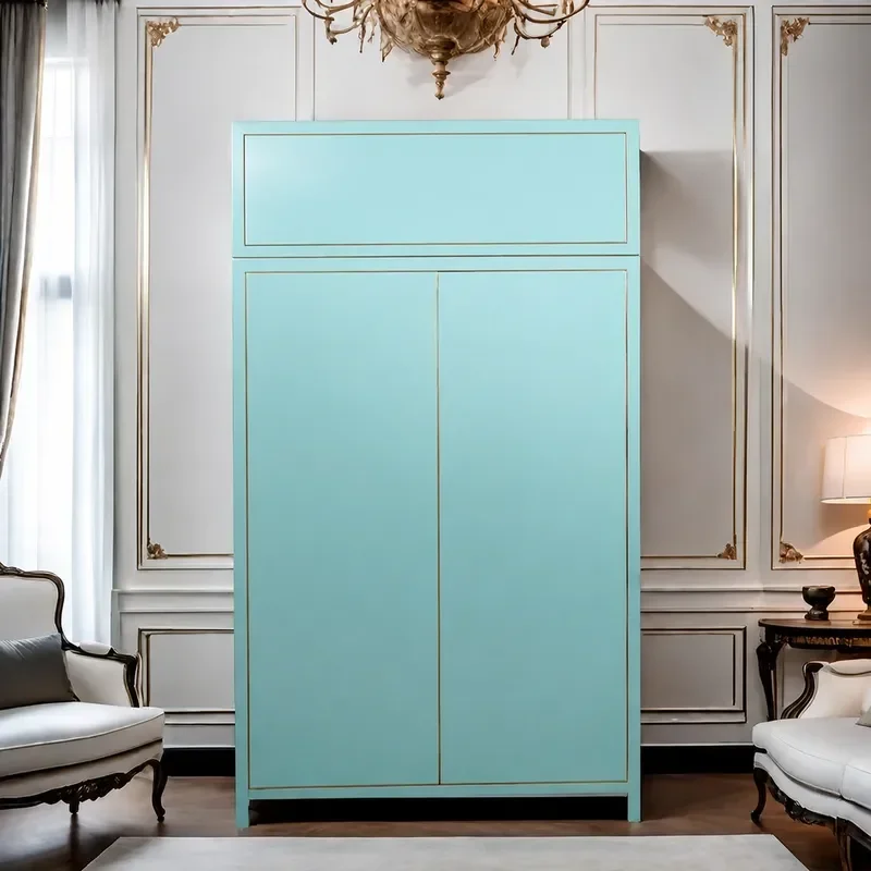 New Chinese Style Solid Wood Wardrobe Simple Light Blue Retro Bedroom Large Capacity Storage Cabinet