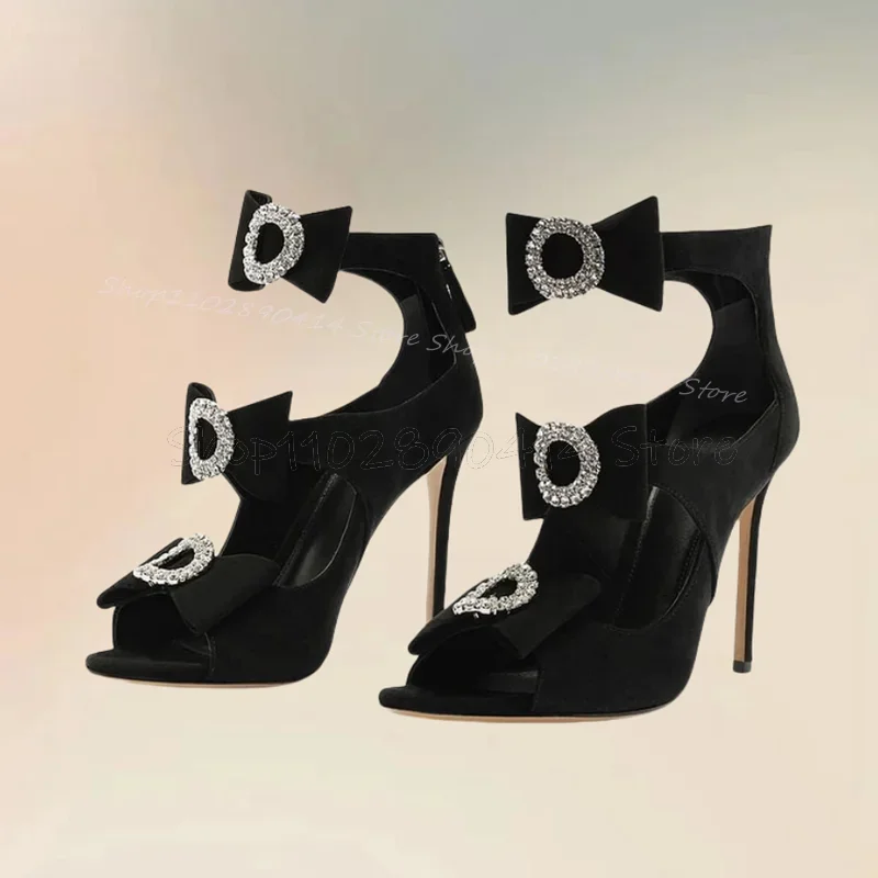 

Crystal Decor Black Bow Knot Open Toe Sandals Back Zipper Women Shoes Thin High Heels Sexy Party Feast 2025 Zapatos Para Mujere