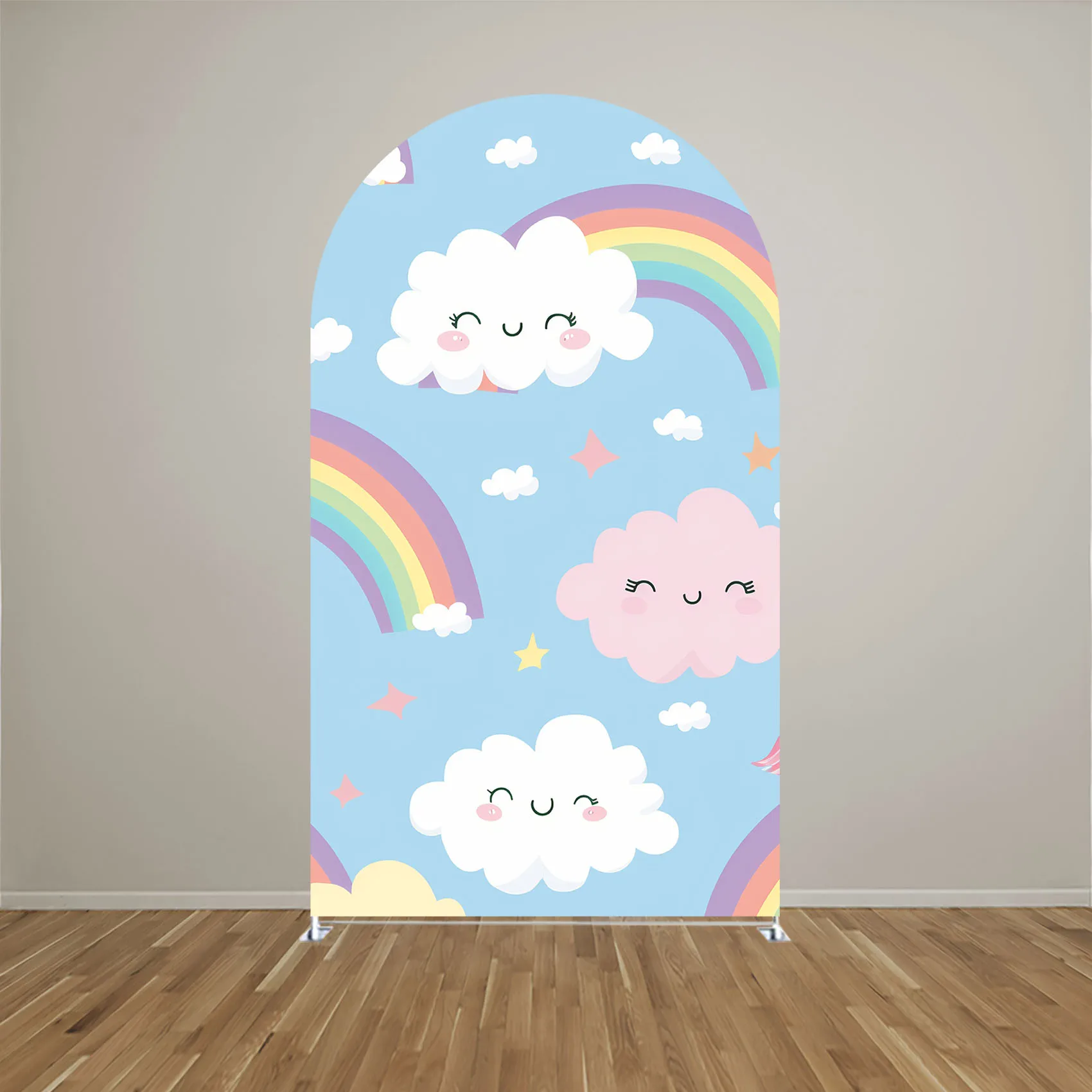 Smiling White Clouds Arch Backdrop Cover Rainbow Arched Stand Cover for Baby Birthday Baby Shower Parties Decorations Props