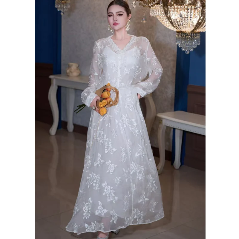 

Exclusive Design Spring New V-neck Long sleeved Shirt+A-line Half Skirt Silk Fabric Embroidered Rose Women's 2-piece Set