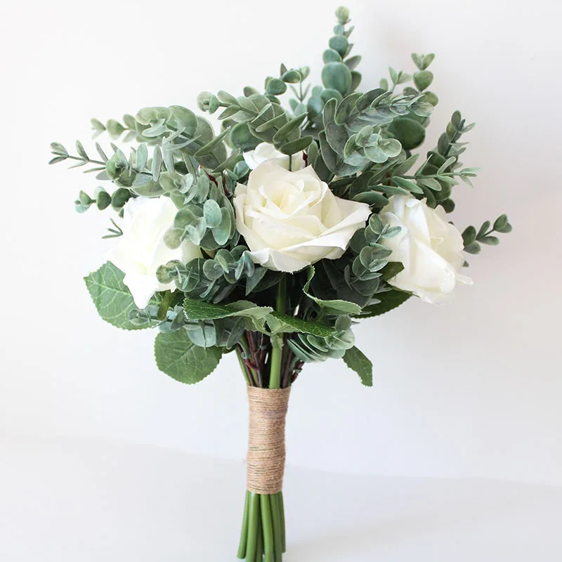 

Bride Wedding Bouquet White Roses Silk Flowers Artificial Eucalyptus Leaves Handmade Bridal Bridesmaid Mariage Bride Accessories