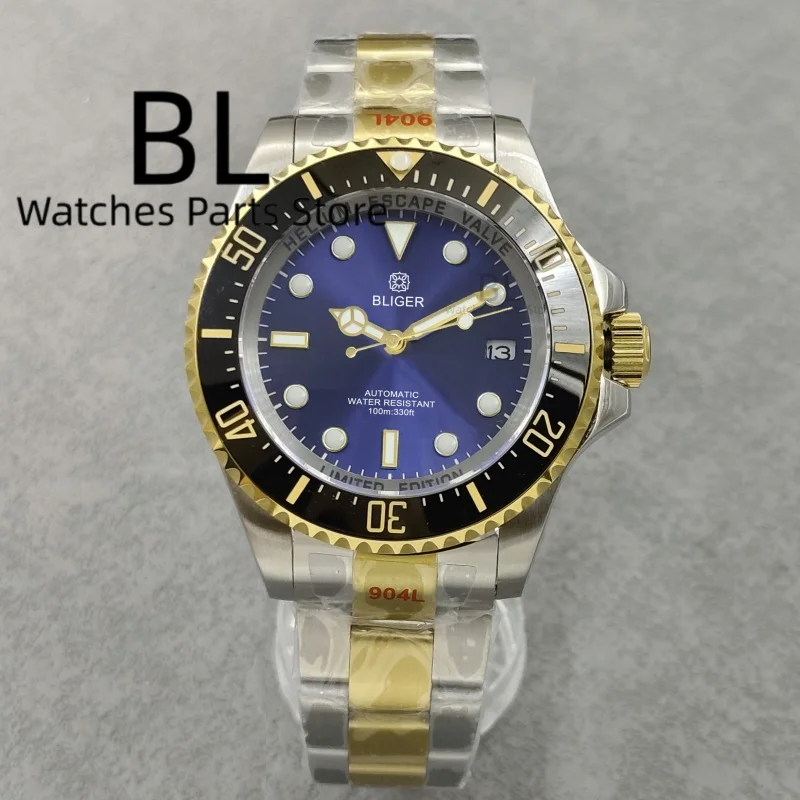 BLIGER 43mm Luxury Two Tone Gold Men Mechanical Watch Blue Sunburst Dial Luminous Sapphire Glass Waterproof Glide Buckle Bracele