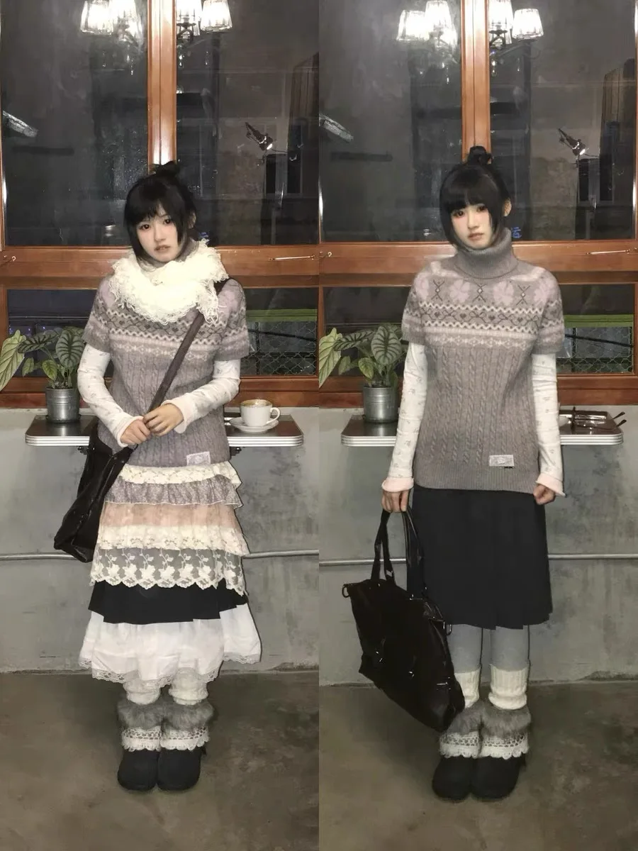 

Japanese Sle Layering f High Collar Fair Isle Knitted ort Sve Slim Fit Autumn Winter Versatile College Sle Unique