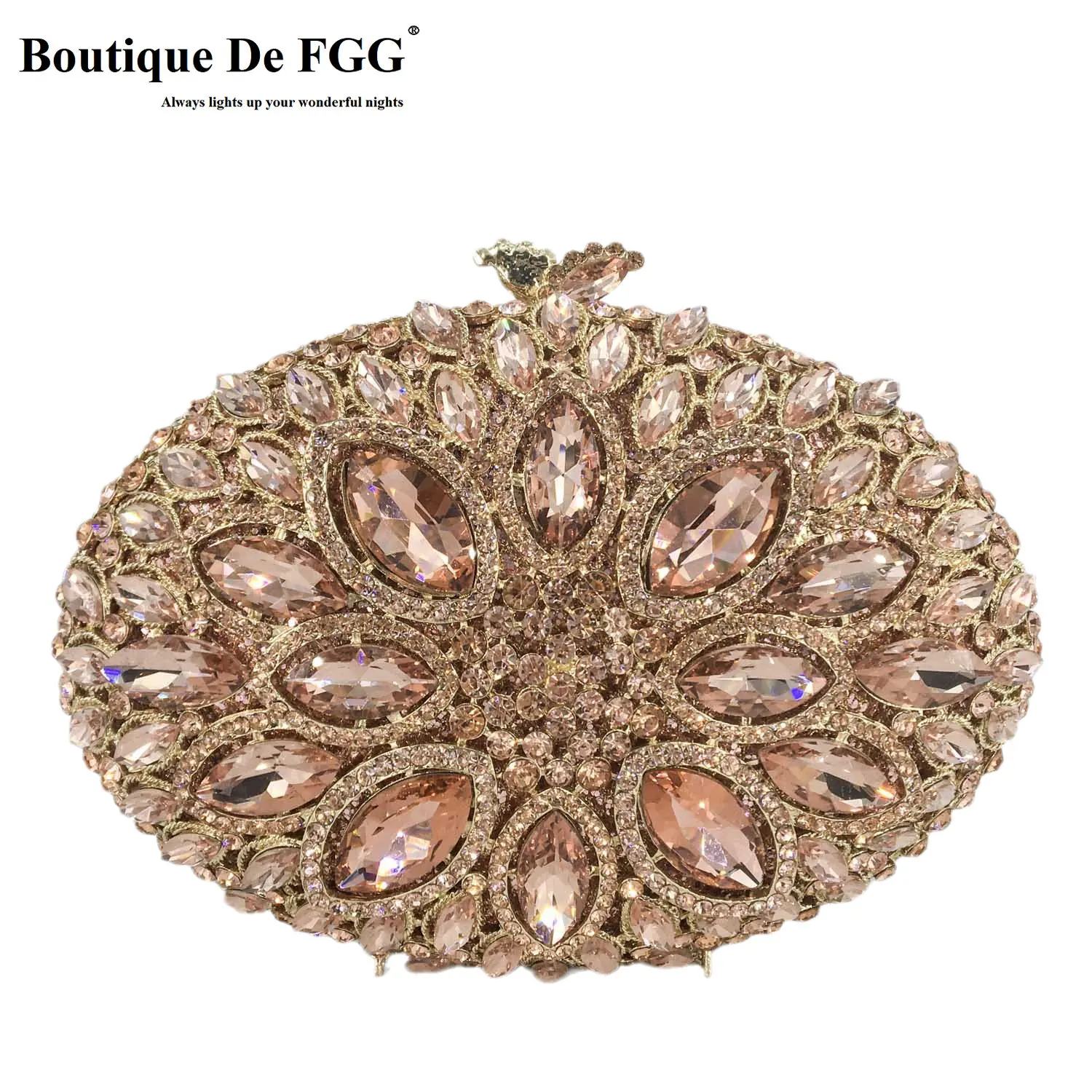 Boutique De FGG Champagne Rosegold Women Evening Clutch Bags Wedding Party Rhinestone Purses Bridal Handbags