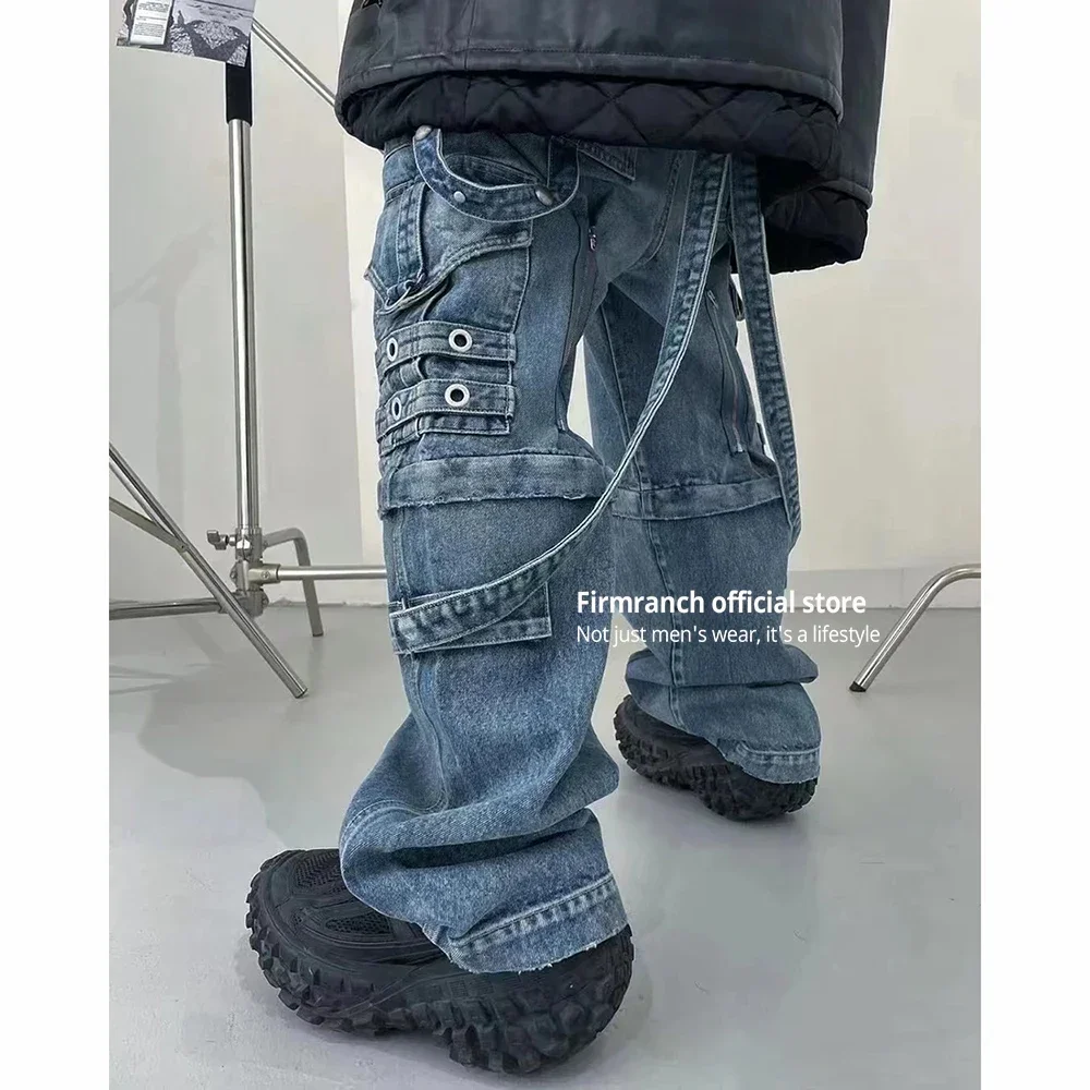 

Firmranch Double Wear Raver Multiple Pockets Lace-up Jeans For Men Women Oversized Wash Old Baggy Denim Pants High Quality