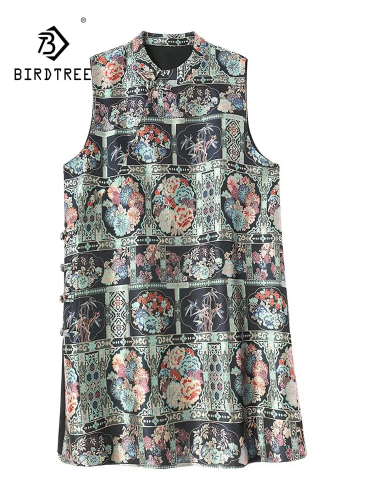 BirdTree-50MM Silk Song Brocade Elegant Vest, Stand Floral, Women Retro Design Sense Chic Loose Coat, 2026 Autumn New C69793CC