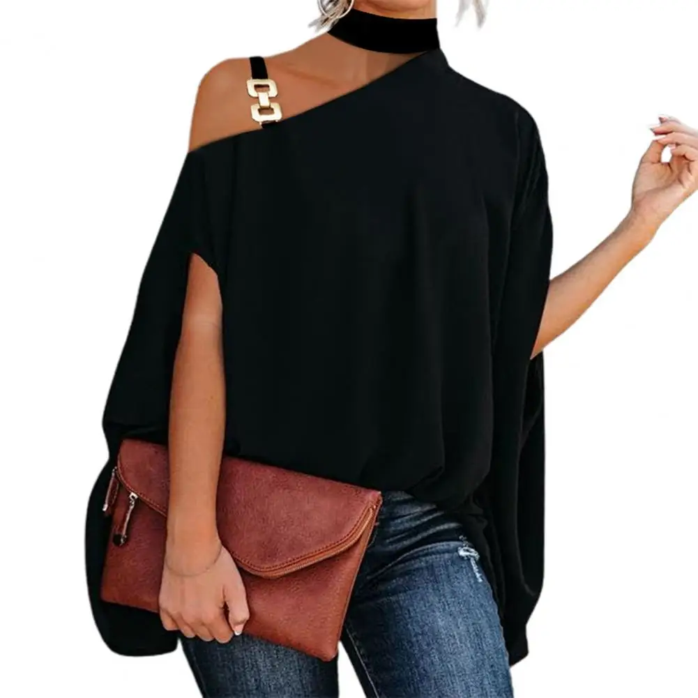 High Collar Women Blouse Cloak Pullover Baggy Batwing Sleeve Blouse Top Oblique Shoulder Casual Top