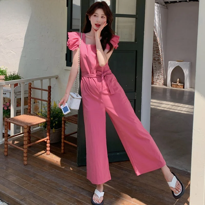 

Chic High Waist Wide Leg Jumpsuit Set Women's Spring Summer Fashionable Flounce Design Slimming Effect Korean Style Casual Pants