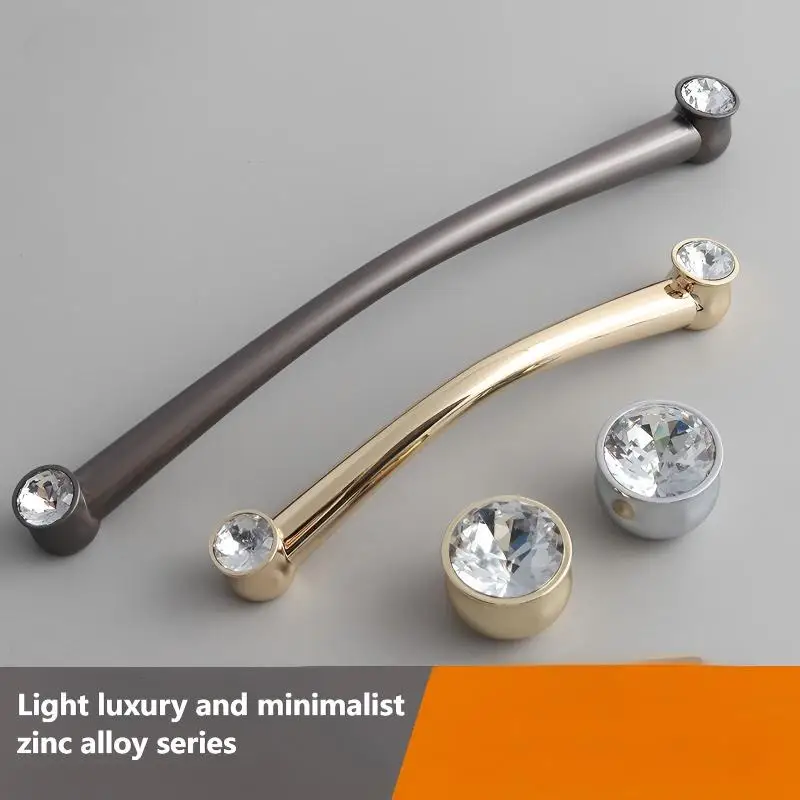 Cabinet door handle, crystal glass diamond, golden glossy chrome zinc alloy, cabinet door, drawer, furniture hardware