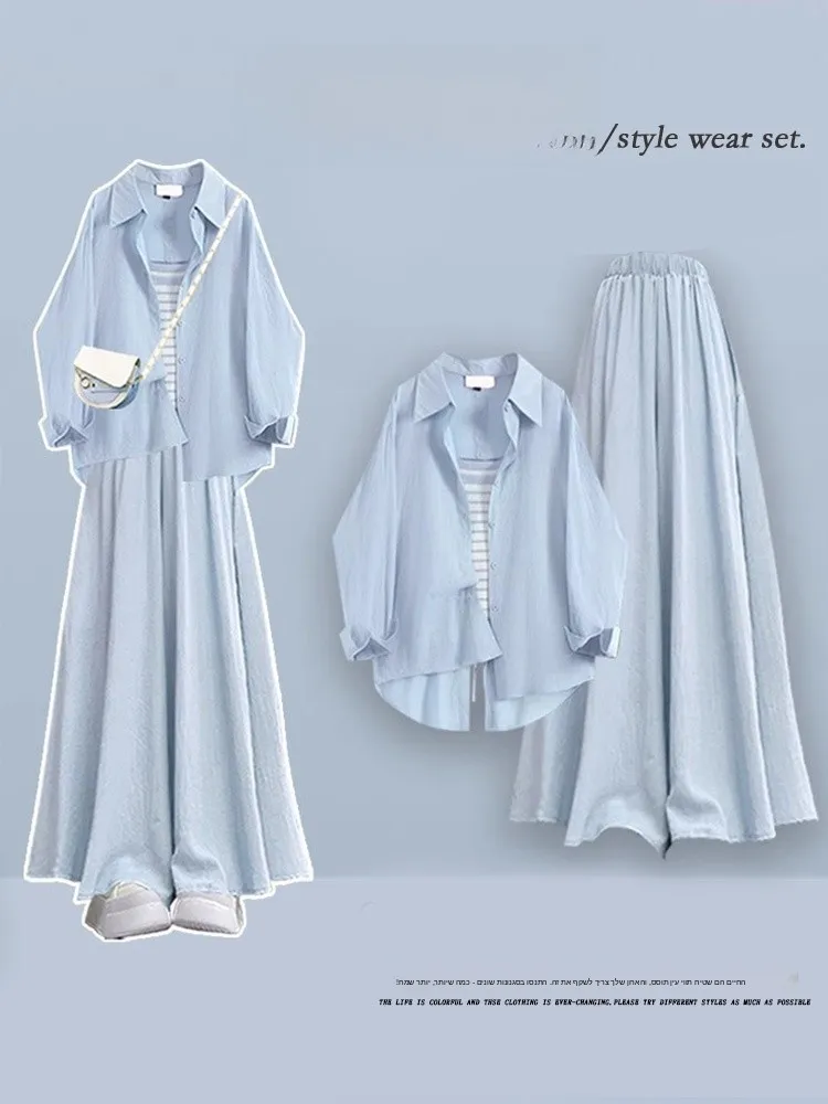 

Ladies Large Size Spring Summer Lazy Style Set Dopaamine Sun Protection Shirt Stripe Strap Wide Leg Casual Pants Three Piece Set