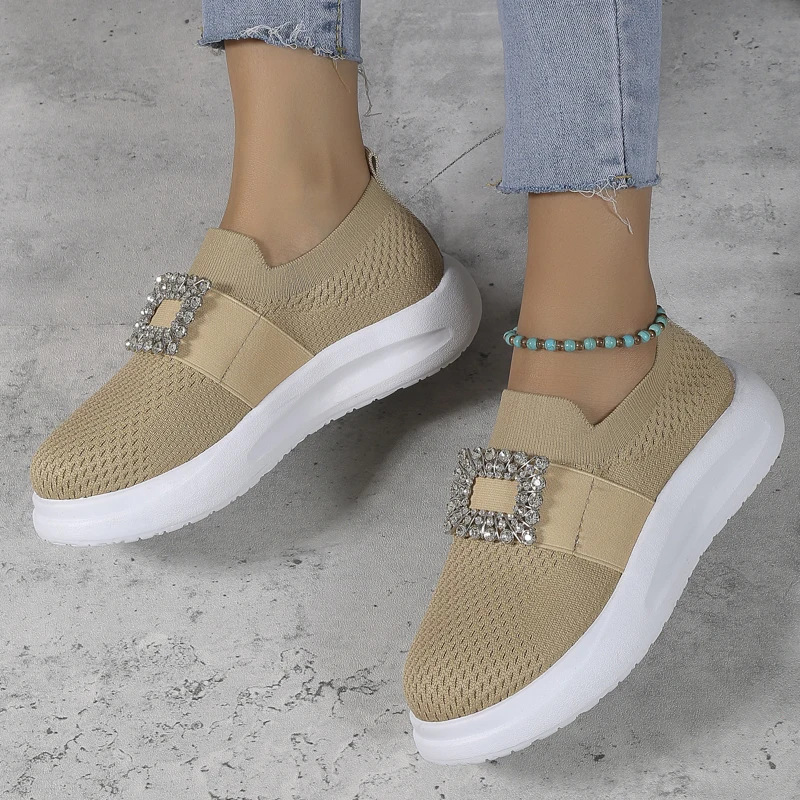 2023 Summer Women Square Buckle Rhinestone Luxury Fashion Silk Satin Platform Shoe Sneakers Woman Loafer Mesh breathable