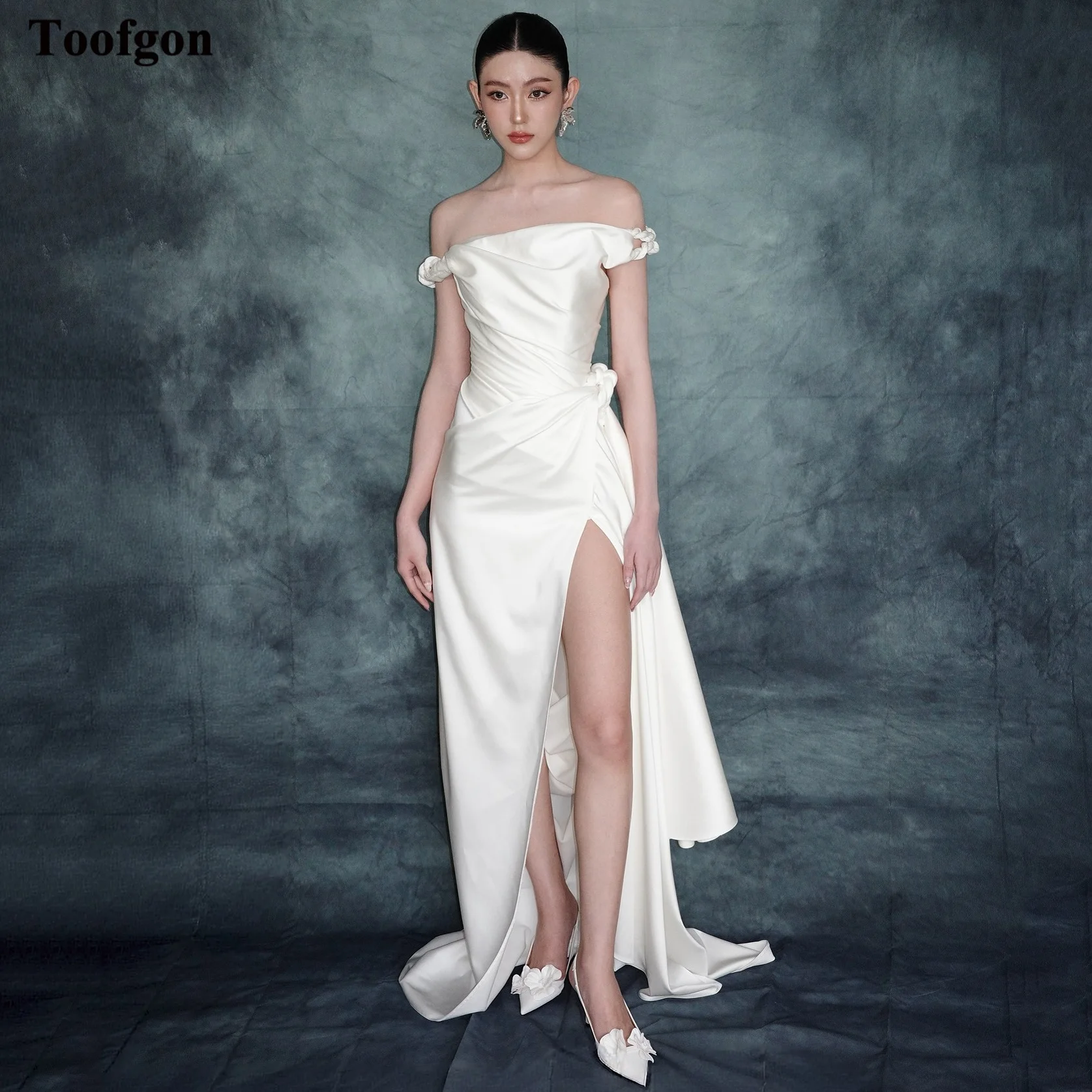 

Toofgon Soft Satin Country Customized Wedding Gowns For Bride Photo Sheath Sexy High Slit Formal Party High-End Bespoke Dress
