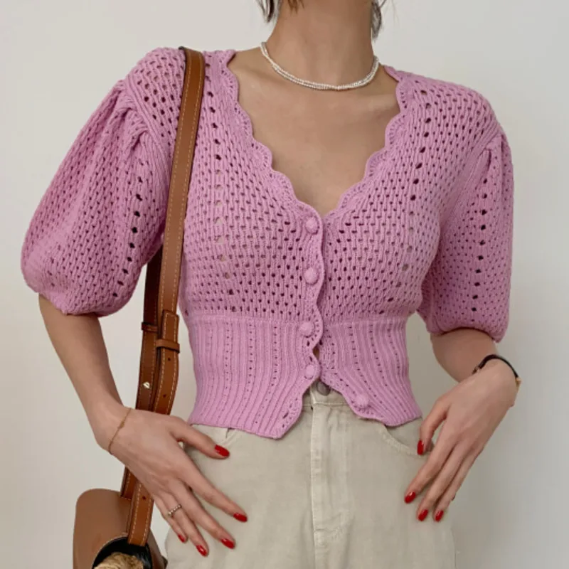 Puff Sleeve Hollow Crochet Flower Cardigan Women's Elegant V-neck Slim Knitted Crop Top 2023 Summer Casual Knit Sweater Sweater
