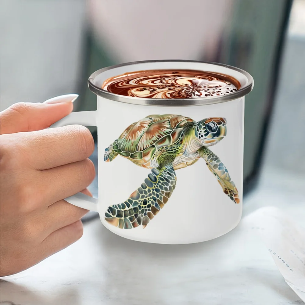 

Sea Turtle Adventure Enamel Mug with a Silvery Edge Upgrade Vintage Design Portable Durable Enamel Cup for Outdoor Activi