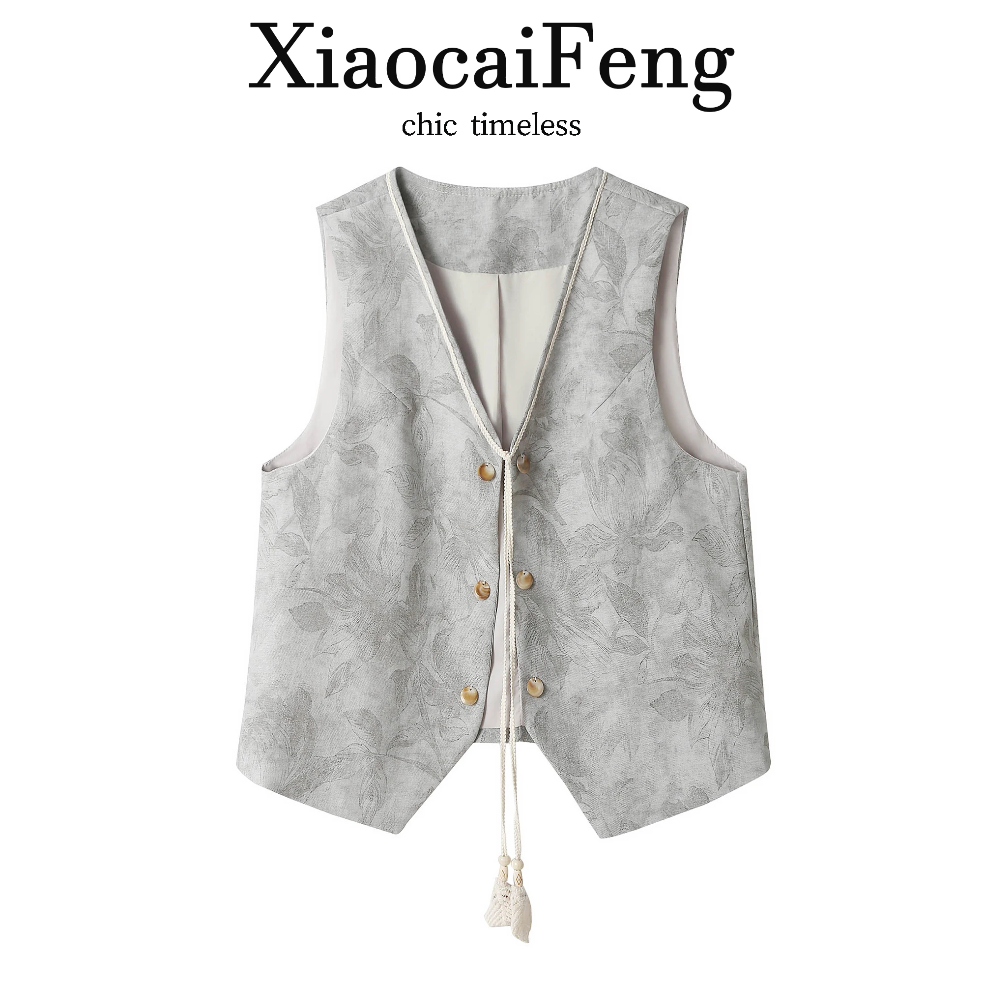 New Chinese Style Floral Print Sleeveless Vest Women's Summer Versatile V-Neck Outerwear Slimming Belted Tank Top