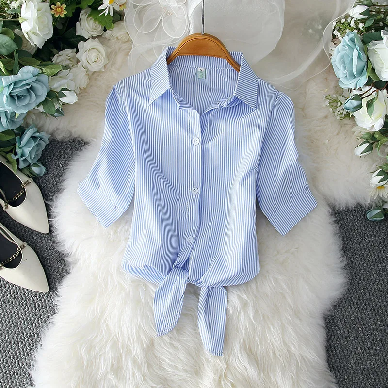 Summer Casual Women Shirt 2023 Basic Blouses Women Solid Buttoned Up Shirt Top Tied Simple Waist Elegant Women Tunics Tops 19870