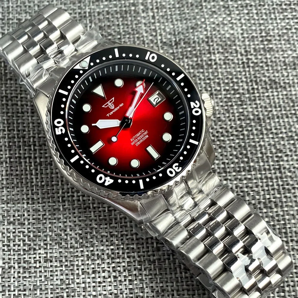 Tandorio NH35A Movt 3.8 Crown Mechanical Automatic Men Watch Sunburst Red 20bar Wristwatch 120clicks Bezel Steel Bracelet