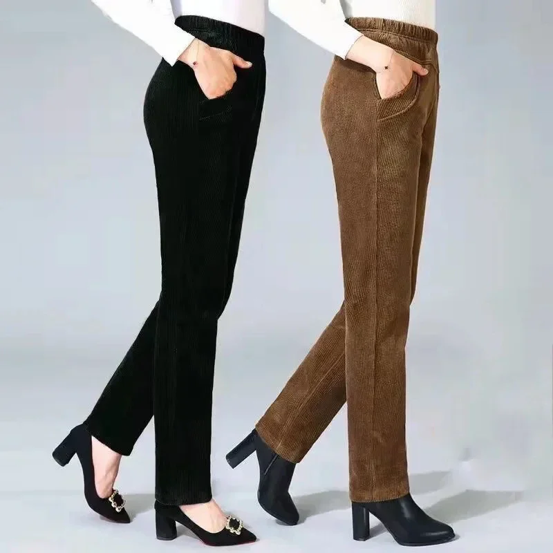 Spring Elastic High Waist Straight Trousers Women Classic Black Pantalones De Mujer Mother\'s Casual Brown Corduroy Pants N256